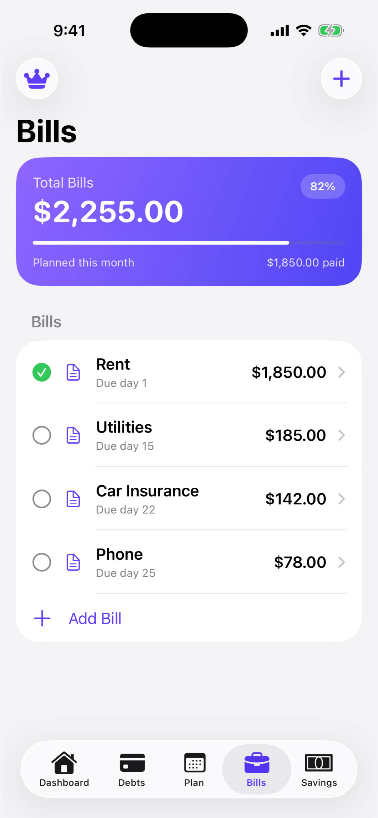 Bills screen in Debt Navigator