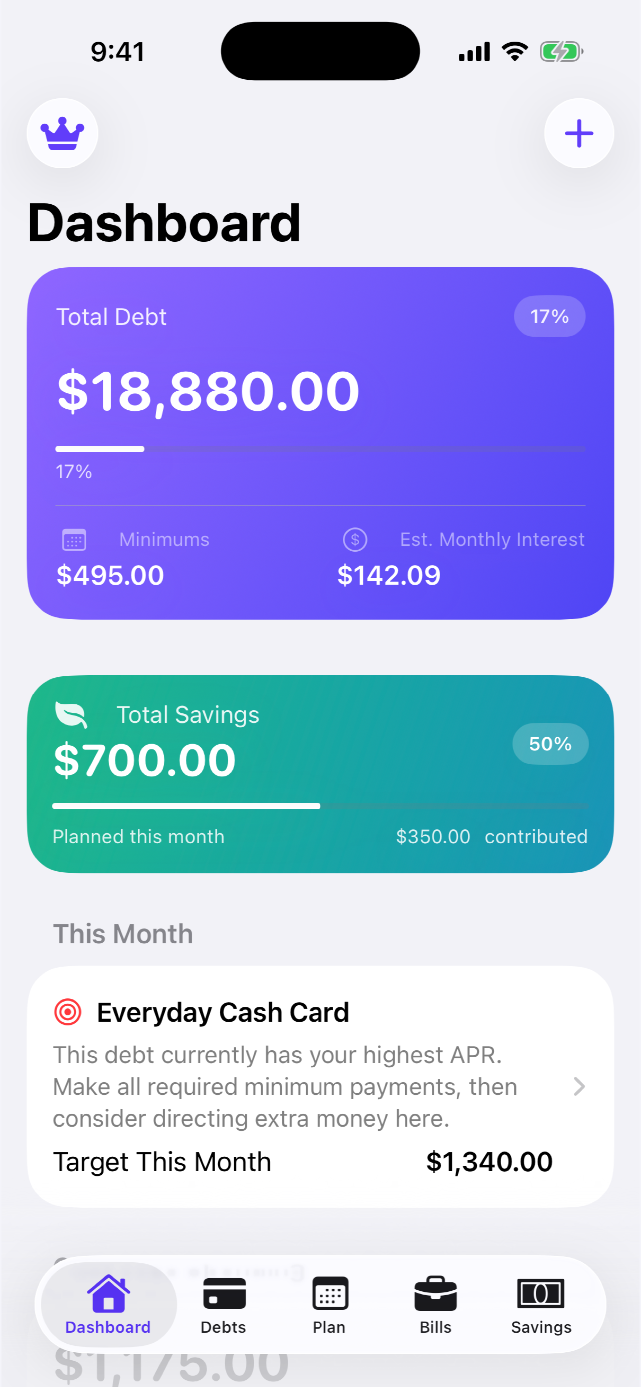 Dashboard screen in Debt Navigator