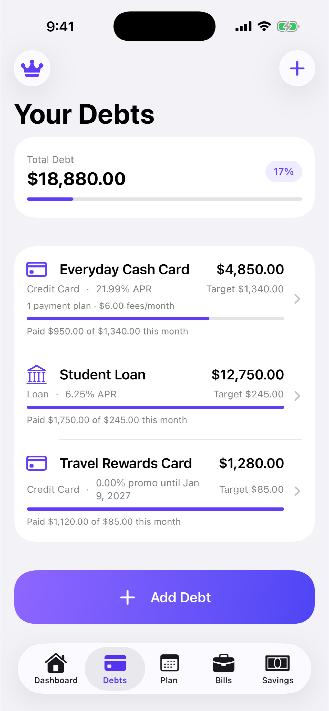 Debts screen in Debt Navigator