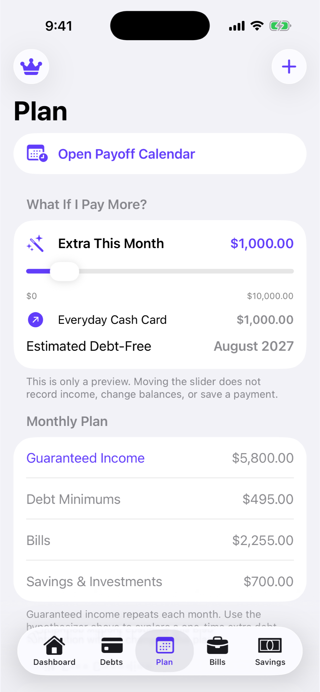 Plan screen in Debt Navigator