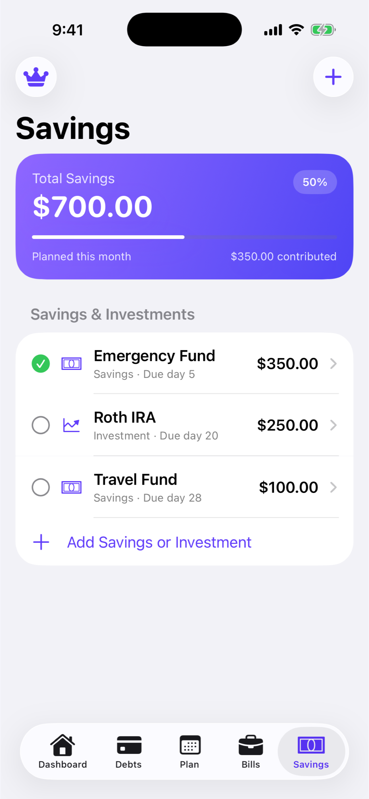 Savings screen in Debt Navigator